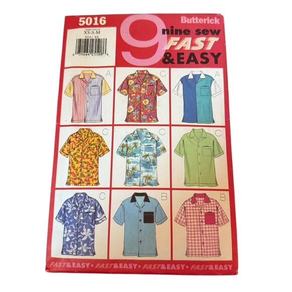 Butterick 5016 Unisex Mens Womens Button Up Shirt 3 Styles Pocket Hawaiian Uncut - Picture 1 of 3